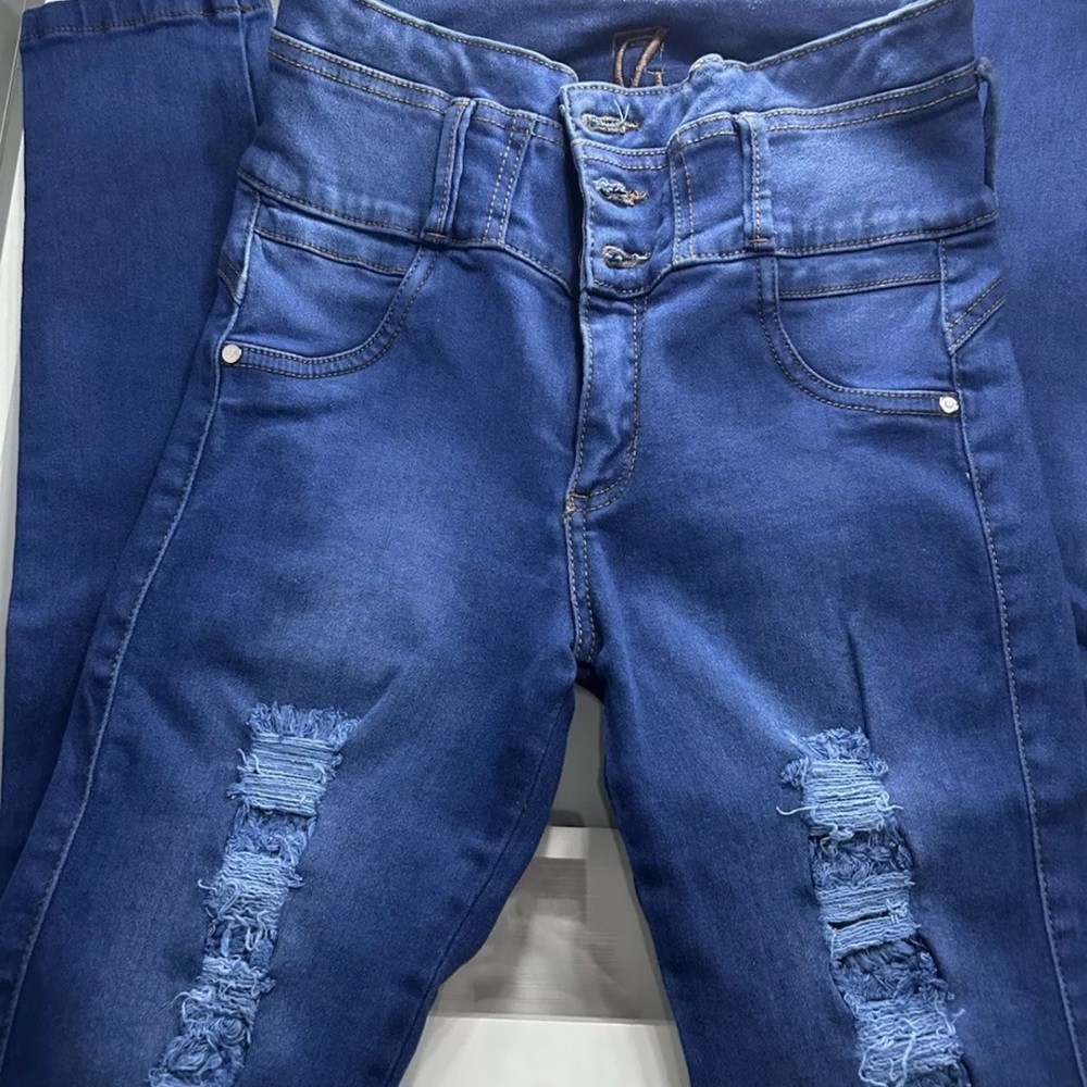 High Rise Blue Jeans with Distressed Details